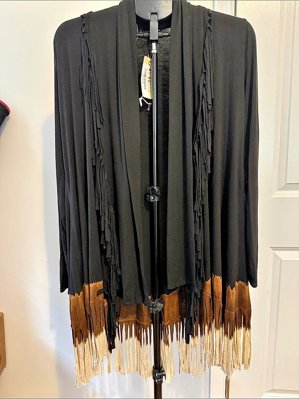 T Party Long Cowgirl Cardigan with Fringe Black & Brown Medium